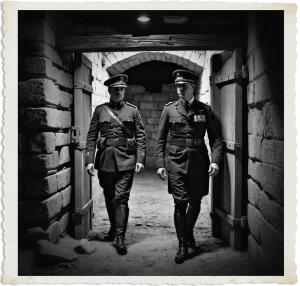 Black and white historical photograph of two British Army officers in full formal dress uniform walking side by side through a large stone doorway in a fortress or castle. The officer on the left wears a peaked cap, Sam Browne belt, and riding boots, while the officer on the right displays several medals on his chest. They are emerging from a dimly lit arched stone corridor. The image has a vintage aged photo border.