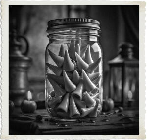 Black and white still life photograph of a large glass mason jar with a metal lid, filled to the brim with dozens of sharp, pointed white fangs or teeth. The jar rests on a dark wooden surface surrounded by lit candles, small apples, and an old lantern in a dimly lit, atmospheric setting. The image has a vintage aged white border