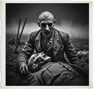 Located in No Mans Land at night during WWI. Against the rolling fog there was a gangly man in tattered 19th century suit. It had an unusually long nose, bald, ashen skin and beady black eyes. The man is gnawing the flesh of a dead soldier. 