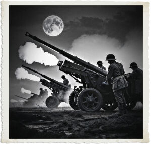 a cinematic black and white photo of Allied artillery firing their large caliber guns at the enemy near No Man's Land, with soldiers in helmets and worn uniforms, their faces determined and focused, operating the heavy machinery, fog rolls in thickly in the background, with the full moon high in the dark sky, casting an eerie glow over the desolate battlefield, photography, with deep shadows and strong contrasts, capturing the intense moment of warfare.
