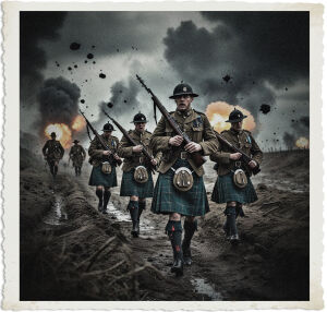 a cinematic photograph of British soldiers traveling through a war-torn No Man's Land with rifles drawn and Brodie helmets worn, adorned in traditional kilts, amidst a chaotic backdrop of exploding bombs and billowing smoke during the Great War, with a muted color palette and dramatic lighting, capturing the intensity and desperation of the scene, the soldiers' facial expressions a mix of fear and determination, their skin smeared with dirt and sweat, with subtle textures and detailing on their uniforms and weapons, set against a cloudy grey sky with smoke-filled trenches and barren landscapes, the overall mood somber and ominous, conveying the harsh realities of war.