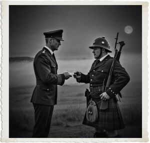 a cinematic photograph of a British Captain wearing a formal service cap and tailored pants, handing over a simple white business card with gold lettering to an armed British Sergeant dressed in a traditional kilt and wearing a worn Brodie Helmet, with a rifle slung over his shoulder, set against a backdrop of rolling fog that gently obscures the surrounding landscape, under the soft glow of a high moon in the night sky, captured in a dramatic and atmospheric style with muted colors and deep shadows, emphasizing the textures of the uniforms and the misty atmosphere.
