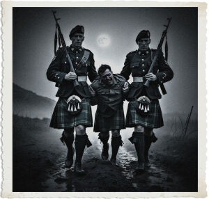 a cinematic black and white photo of two British soldiers wearing traditional Scottish kilts, carrying rifles and bearing solemn expressions, as they carefully carry a third injured soldier across the desolate and treacherous No Man's Land, under the cover of a thick fog covered night, with only the faint moonlight casting an eerie glow on the soldiers' determined faces, their skin weathered from the harsh conditions, and the fog swirling around their legs as they trudge through the muddy terrain, the rifles slung over their shoulders, and the injured soldier's face contorted in pain, set against a dramatic and ominous backdrop of the war-torn landscape, captured in a poignant and powerful moment of camaraderie and sacrifice, in a hauntingly beautiful photography style.