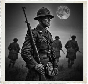 a cinematic photo of a British soldier with a worn Brodie helmet, rifle at the ready, and traditional kilt stands steadfast, his facial expression a mix of determination and concern, as other men from his unit continue with the attack in the distance, their silhouettes fading into the thick fog that rolls in, with the full moon high in the dark sky, casting an eerie glow, photography in a gritty, realistic style, with muted earthy colors and deep shadows, the soldier's skin weathered from combat, his eyes fixed intently on something in the distance.