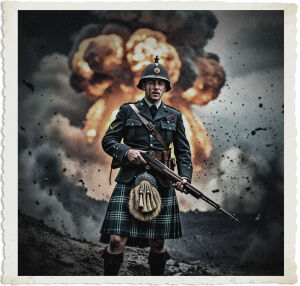 a cinematic photo of a British private wearing a Brodie helmet, traditional Scottish kilts, and holding a rifle, stands at the edge of a massive crater in no man's land, facing the camera with a determined expression, his facial features etched with a mix of fear and courage, his skin smeared with dirt and sweat, a large explosion erupts behind him, with towering flames and billowing smoke, the private's eyes are fixed intently on the camera, his kilt torn and tattered, his rifle at the ready, the explosion's shockwave distorts the air, with debris and shrapnel scattered everywhere, the photography style is gritty and realistic, with a muted color palette, focusing on earthy tones, and a shallow depth of field, blurring the background, emphasizing the private's heroic stance.
