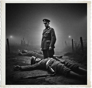 a cinematic black and white photo of a desolate No Man's Land at night with thick fog rolling in during WWI, a British officer with a worn service cap stands beside the lifeless body of a German officer, the officer's face is somber with a strong jawline and a furrowed brow, his skin pale in the dim light, the German officer's body lies on the ground, shrouded in fog, with his helmet and rifle nearby, the photography style is dramatic and moody, with deep shadows and muted textures, the fog swirls around the scene, obscuring the devastated landscape, and the only sound is the faint whisper of the wind.