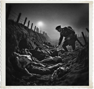 a cinematic nighttime photograph of No Man's Land during WWI, a sergeant in a muddy trench wearing a worn leather helmet and a distressed expression stares at the silhouette of a dark gangly creature feasting on a corpse, the creature's long arms and legs visible in the dim light, with a thick fog rolling in behind it, the sergeant's face illuminated only by the faint moonlight, his facial features worn and exhausted, the overall atmosphere ominous and eerie, the photography style is gritty and realistic, with a mix of dark blues and grays dominating the color palette.