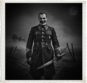 a cinematic photo of a German Officer standing in No Man's Land at night during WWI, his face illuminated by the faint moonlight, with a menacing evil smile spreading across his pale skin, his piercing blue eyes gleaming with malice, holding a bloodied dagger in his gloved hand, the blade glinting in the dim light, fog rolling in densely in the background, shrouding the desolate landscape in a thick, eerie mist, the officer's tall figure looming large, his dark uniform a stark contrast to the bleak, war-torn terrain, the photography style dramatic and intense, with deep shadows and bold contrasts, capturing the tense, ominous atmosphere of the scene.
