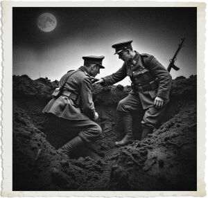 Two British soldiers behind a earth wall in middle of No Mans Land during the Great War, the older soldier is motioning for the other to get his head down.  Scene is set at night with the fog rolled in and the moon above.