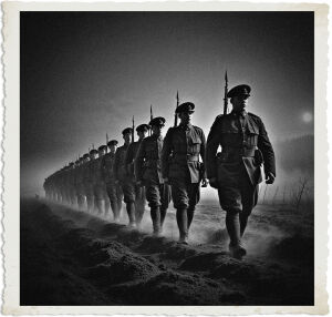 a cinematic photo of a column of British soldiers marching through no man's land in perfect formation at night during WWI, with the fog rolling in, casting a mystical gloom over the desolate landscape, the soldiers' faces set with determination, their uniforms and equipment silhouetted against the faint moonlight, the fog swirling around their knees, the only sound the soft crunch of boots on the damp earth, the photography capturing the eerie atmosphere of the war-torn landscape, with muted colors and deep shadows, the British soldiers' facial features stern and focused, their skin pale in the dim light, their eyes fixed on some point ahead, the formations precise and orderly, a testament to their training and discipline, the overall mood one of tense anticipation and foreboding.
