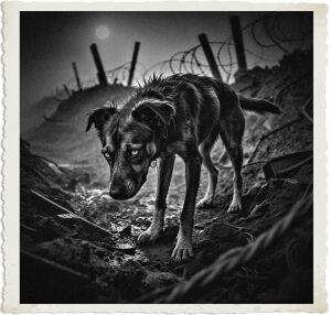 a cinematic black and white photo of a mangy dog with matted fur and visible ribs looking for scraps of food in No Man's Land during the Great War, set against a backdrop of destroyed trenches and barbed wire, with the fog rolling in to partially obscure the devastated landscape, shot at night with only the faint moonlight illuminating the scene, the dog's eyes glowing with a mix of fear and desperation as it scavenges for food, the photography style is gritty and documentary-like, capturing the harsh realities of war.