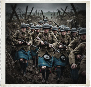 a cinematic photograph of British soldiers going over the top of their trench during the Great War, with Brodie helmets, traditional Scottish kilts, and Lee-Enfield rifles, set against a backdrop of a war-torn no man's land with destroyed barbed wire and muddy terrain, the soldiers' facial expressions are determined and tense, with varied skin colors and unique attributes, the kilts are predominantly made of wool in shades of blue and green, the Brodie helmets are worn and weathered, the rifles are held firmly in their hands, the atmosphere is intense and dramatic, with a focus on the harsh realities of war, the photography style is gritty and realistic, with a muted color palette and deep shadows, capturing the chaos and uncertainty of the moment.