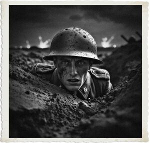 a cinematic photo of a WWI British Army Lance Corporal in No Man's Land, peeking cautiously over the edge of a war-torn crater while wearing his distinctive Brodie helmet, its metallic surface reflecting faint moonlight, with a mix of fear and determination etched on his dirty, exhausted face, set against a dark, ominous night sky with flashes of artillery fire illuminating the horizon, the scene is dramatized through the use of deep shadows and muted earthy tones, with the camerawork capturing the intensity of the moment in a gritty, realistic photography style.