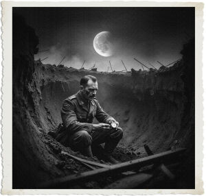 a cinematic photograph of a WWI Canadian Sergeant in No Man's Land, sitting inside a deep crater with rugged earthy walls, looking at his vintage pocket watch, his face worn with a mix of exhaustion and concern, his eyes fixed on the timepiece, the scene is eerie and ominous, shrouded in a thick fog that swirls around him, with a crescent moon hanging low in the dark sky, the sergeant's uniform is tattered and worn, his skin pale, his facial features strong, with a determined jawline and a distinctive mustache, the overall mood is one of somber reflection, the photography style is dramatic, with deep shadows and muted colors, the crater's edges are rough and irregular, with twisted metal and shattered wood scattered around, the sergeant's eyes are sunken, his eyebrows furrowed, his skin smeared with dirt and grime.