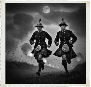 a cinematic photograph of two British soldiers wearing Brodie helmets and traditional Scottish kilts, their faces set in determined expressions, with one soldier having a strong jawline and pale skin, the other with a few days' stubble and a scattering of freckles, running rapidly back towards the allied lines, their kilts ruffling in the wind, amidst a backdrop of thick fog rolling in, with artillery blasts illuminating the dark sky, and the full moon hanging high above, casting an eerie glow, with the camera capturing the intensity of the moment, the photography style emphasizing dramatic lighting and atmospheric effects.