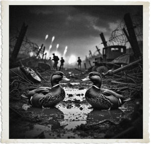 a cinematic nighttime photograph set in the desolate and war-torn No Man's Land during WWI, with two ducks calmly sitting in the muddy terrain amidst the chaos of war, surrounded by destroyed barbed wire fences, scattered military equipment, and faint silhouettes of soldiers in the distance, under a dark and ominous sky with flashes of artillery fire illuminating the horizon, with the ducks' feathers glistening with mud and water, their beaks and eyes reflecting the faint light of the explosions, captured in a dramatic and poignant moment of tranquility amidst the devastation of war.