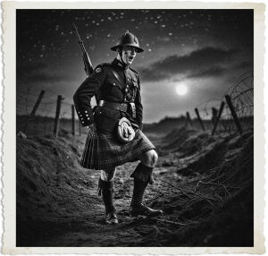 a cinematic photograph of a young British corporal wearing a Brodie helmet and traditional Scottish kilt, carrying a rifle, stood in the midst of No Man's Land at night during World War I, his foot stepping on a twig, his facial expression a mixture of surprise and embarrassment, with a slightly raised eyebrow and a hint of redness on his cheeks, the surrounding landscape illuminated only by the faint moonlight and starry sky, with trenches and barbed wire visible in the background, the overall mood somber and tense, the photography style resembling a film still, with high contrast and dramatic lighting.
