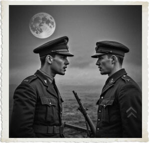 British Captain in the Great War wearing a service cap in No Mans Land, talking to a Sergeant wearing a Brodie hat. No one else is in the frame. Fog rolls in the background, with the moon high in the sky.