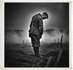 a cinematic black and white photo of No Man's Land at night with thick fog rolling in during WWI, a German soldier standing in the midst of the desolate landscape, his head turned at an unnatural angle, as if his neck has been broken, his facial features frozen in a permanent grimace, his skin pale and clammy, his uniform tattered and worn, the fog swirling around him, shrouding the devastation and chaos of war, the photography style is dramatic and haunting, with deep shadows and muted tones, capturing the eerie and foreboding atmosphere of the battlefield.
