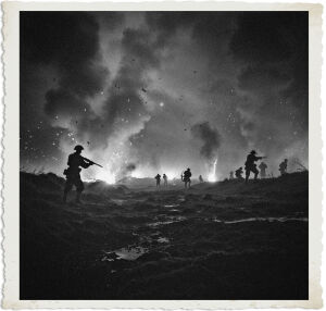 a cinematic photograph of No Man's Land at night during WWI, with intense gunfire illuminating the fog in hues of orange and yellow, as the enemy shoots blindly in the darkness, the camera capturing the eerie glow of explosions and the faint silhouettes of soldiers in the distance, set against a backdrop of utter chaos and destruction, with the photography style emphasizing the harsh realities of war, the colors muted and subdued, except for the flashes of gunfire, and the overall mood ominous and foreboding.