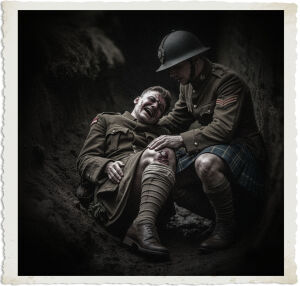 a cinematic photo of a British Sergeant wearing a Brodie helmet and traditional Scottish kilt, kneeling beside a wounded soldier with a severe leg wound, the soldier's face contorted in pain, dressed in a muddy and torn British army uniform, in a damp and dark trench with stone and earth walls, the sergeant's facial features strong and concerned, with a gentle hand on the soldier's shoulder, the atmosphere somber and dramatic, with muted earthy colors, the photography style reminiscent of a vintage war documentary, the lighting soft and natural, with a shallow depth of field, blurring the background, the sergeant's eyes filled with compassion and the wounded soldier's eyes closed, wincing in agony.