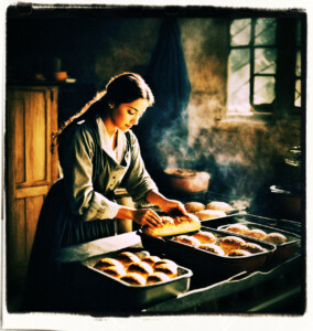 Woman is putting bread pans in the oven in the early morning. Background and clothing appropriate to 16th Century France.
