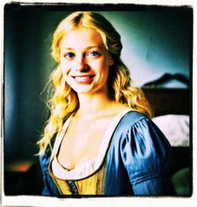 Blonde with blue eyes, wearing a slip, wears a large disturbing smile. Standing in a simple bedroom. Clothes and scene appropriate to the 16th Century France.