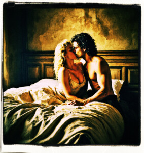 Picture of a man of a dark haired man without clothes leaning down to kiss, a blonde without clothes with curly hair and round cheeks in bed . Located a simple bedroom. Clothes and scene appropriate to the 16th Century France.