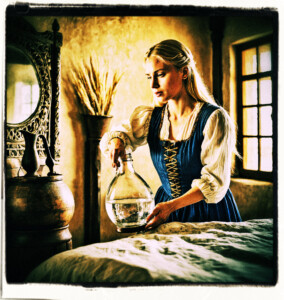 A blonde reaches out for a clay pitcher of water. Located in a simple bedroom. Background and clothes appropriate for 16th century France.