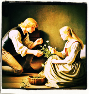 A young blonde wearing a simple slip feeds a man a budding flower. Located in  a simple bedroom. Clothes and scene appropriate to the 16th Century France.