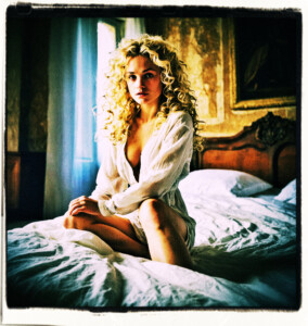 Picture a blonde without clothes with curly hair and round cheeks. Rubs her legs under the sheet. Located a simple bedroom. Clothes and scene appropriate to the 16th Century France.