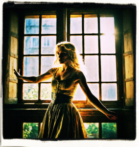 Blonde wearing a slip walking in front of a window, with the light creating a silhouette, with her belly showing. Background and clothes appropriate for 16th century France.