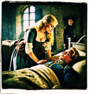 Blonde talking to a wounded soldier laying in the bed. Background and clothes appropriate for 16th century France.