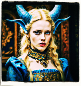 Woman with  porcelain skin, golden locks of hair, and blue eyes. Also has horns, and a devils tail. Clothes and setting appropriate to 16th century France.