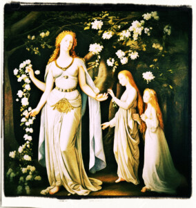 Trees with white blooms, and the goddess Aphrodite. Clothes and scene appropriate to the 16th Century France.