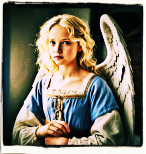 A wise blue-eyed and blonde-haired angel. Standing in a simple bedroom. Clothes and scene appropriate to the 16th Century France.