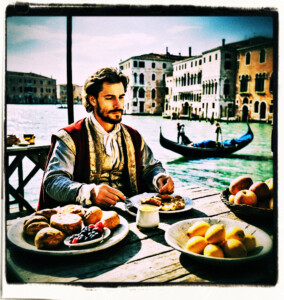 Man having breakfast outdoors by the water. Clothes and setting appropriate to 16th century Venice