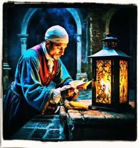 Servant burning a sealed letter over a lantern's flame. Clothes and setting appropriate to 16th century Venice