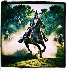 Picture focused on a cavalry horse's head. At a gallop with his breath visible in the air. Background and clothes appropriate for 16th century France.