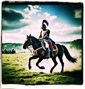 Cavalry officer being launched from his horse. Background and clothes appropriate for 16th century France.