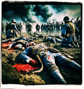 Spanish soldiers dead after a blast, their blood soaking the soil. Background and clothing appropriate to the 16th Century France.
