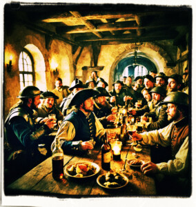 Tavern packed with soldiers and officers drinking the night away. Clothes and setting appropriate to 16th century France.