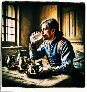 Wounded soldier drinking water from a cup. Located in a simple bedroom. Background and clothes appropriate for 16th century France.