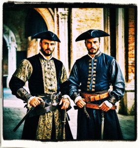 Two men, back to back, preparing for a duel with pistols. Clothes and setting appropriate to 16th century Venice