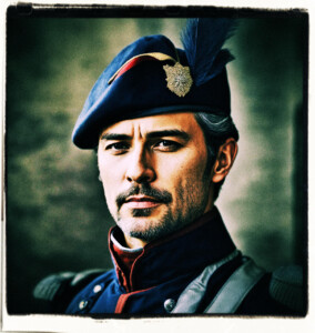Picture of a man in his thirties. Wears a uniform. Has grey in his hair. Tall, well-built, and weathered skin.  Clothes and background appropriate for 16th century France.