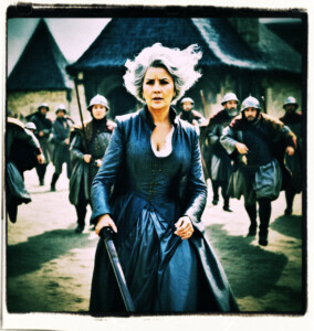 Rotund Countess with grey hair pushing with six staff surrounding is enraged. Background and clothing appropriate to 16th Century France.