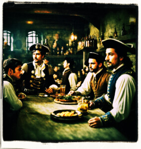 Men in uniform in a tavern, with an officer at the head of the table. There is a busty black haired server leaning down to show her cleavage. Clothes and background appropriate for 16th century France.