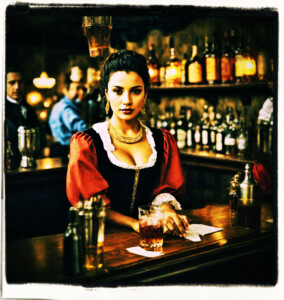 Picture of beautiful woman picking up drinks at a tavern bar. She is staring at a table full of uniformed patrons. Has the look of horror on her face. Clothes and background appropriate for 16th century France.