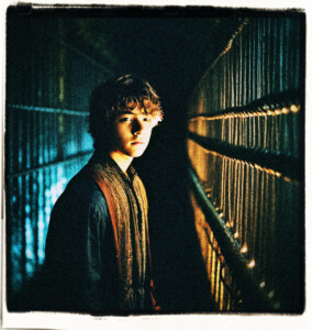 Picture of teenage boy inside a tunnel with water, looking through a grate to the outside world. Clothes and background appropriate for 16th century France.