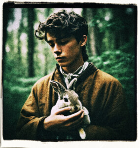 18 year old man in the woods, holding a dead rabbit in his hands. Clothes and background appropriate for 16th century France.